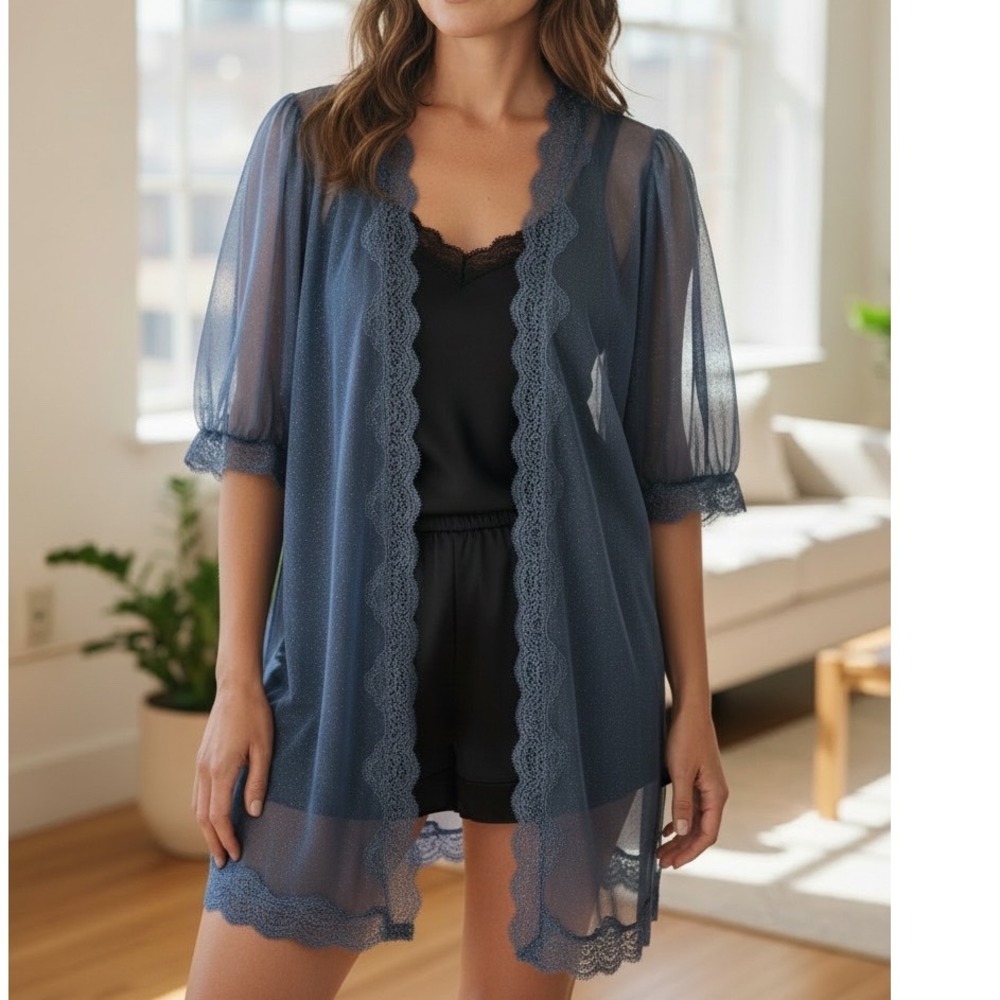 Victoria's Secret Blue Shimmer Mesh Lace Trim Kimono Robe M/L
